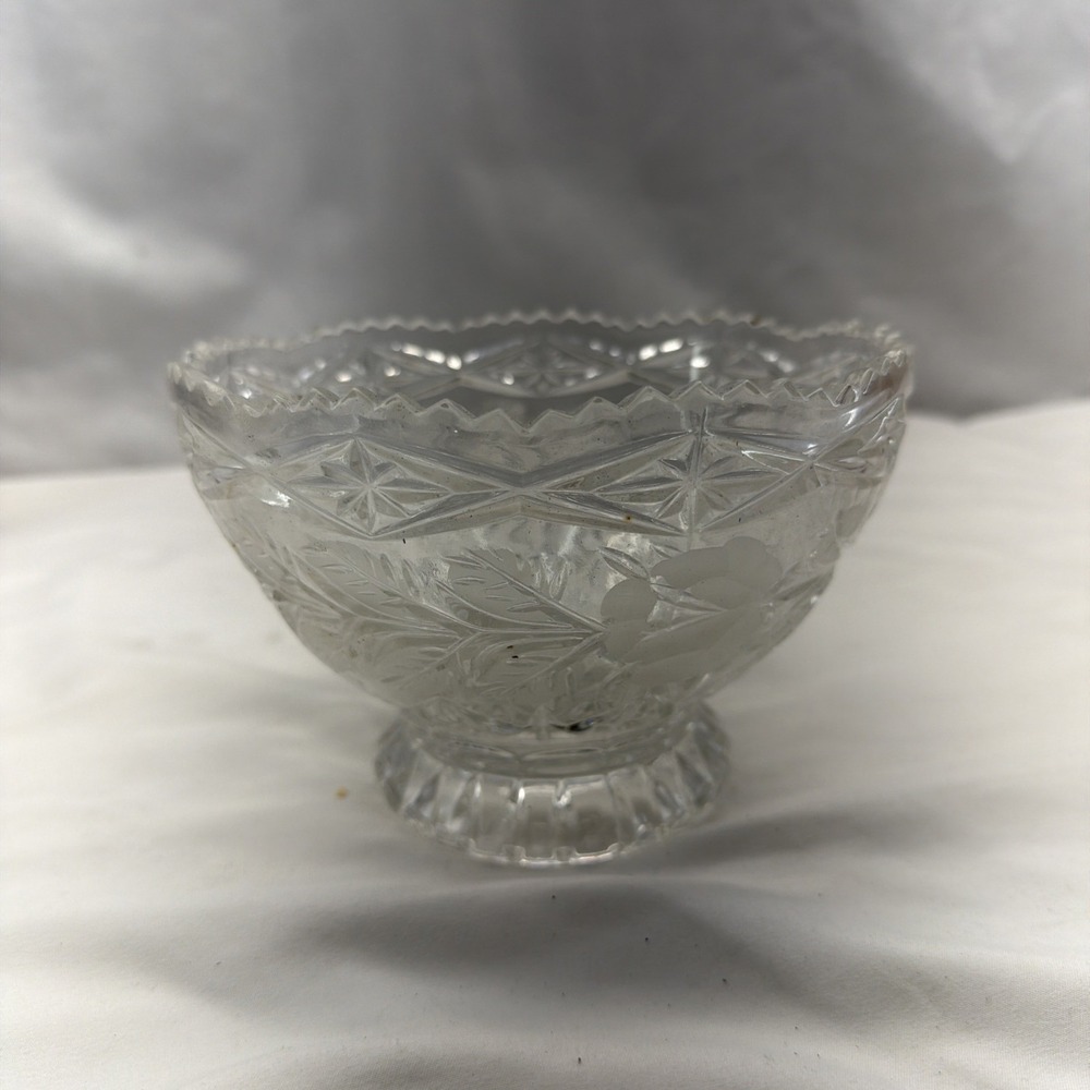 Vintage Imperlux 24% Lead Crystal Footed Bowl  Frosted Roses‎ And Leaf Pattern